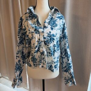 LoveShackFancy by GAP White Button-Front Shirt with Blue Floral Print
